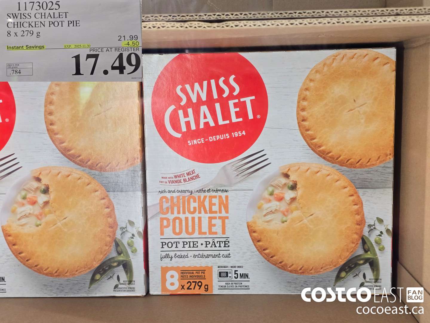1173025 SWISS CHALET CHICKEN POT PIE 8 X 279G ($4.50 INSTANT SAVINGS EXPIRES ON 2025-11-30) $17.49
