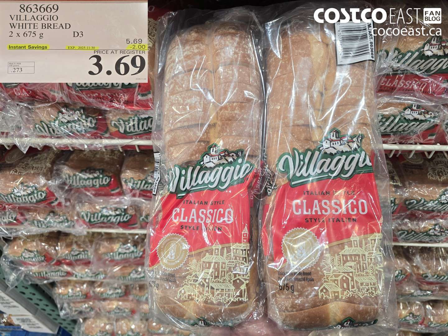 863669 VILLAGGIO WHITE BREAD 2 X 675G ($2.00 INSTANT SAVINGS EXPIRES ON 2025-11-30) $3.69