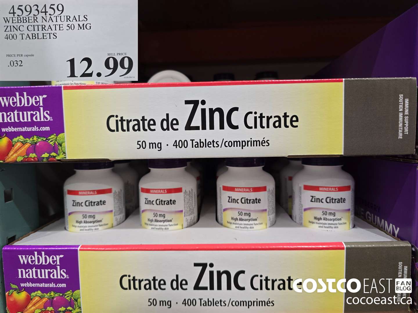 4593459 WEBBER NATURALS ZINC CHELATE 50MG 400 CAPSULES $12.99
