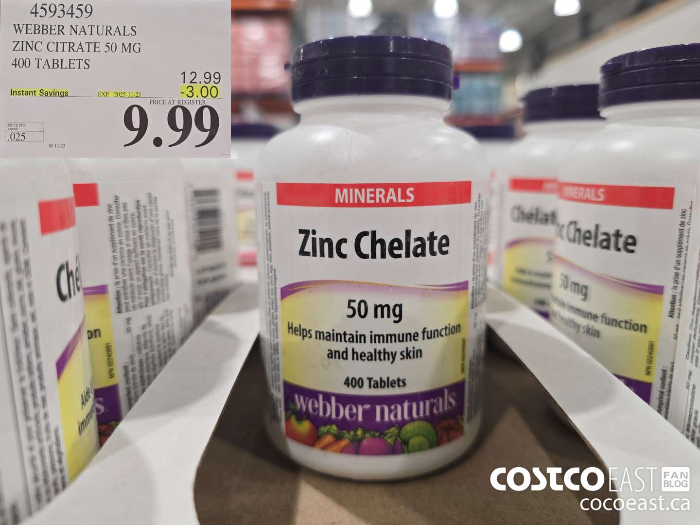 4593459 WEBBER NATURALS ZINC CHELATE 50MG 400 CAPSULES ($3.00 INSTANT SAVINGS EXPIRES ON 2025-11-23) $9.99
