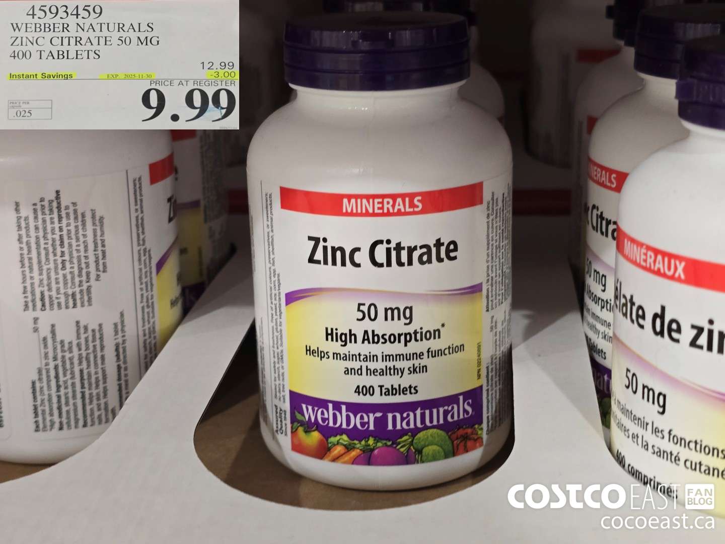 4593459 WEBBER NATURALS ZINC CHELATE 50MG 400 CAPSULES ($3.00 INSTANT SAVINGS EXPIRES ON 2025-11-30) $9.99