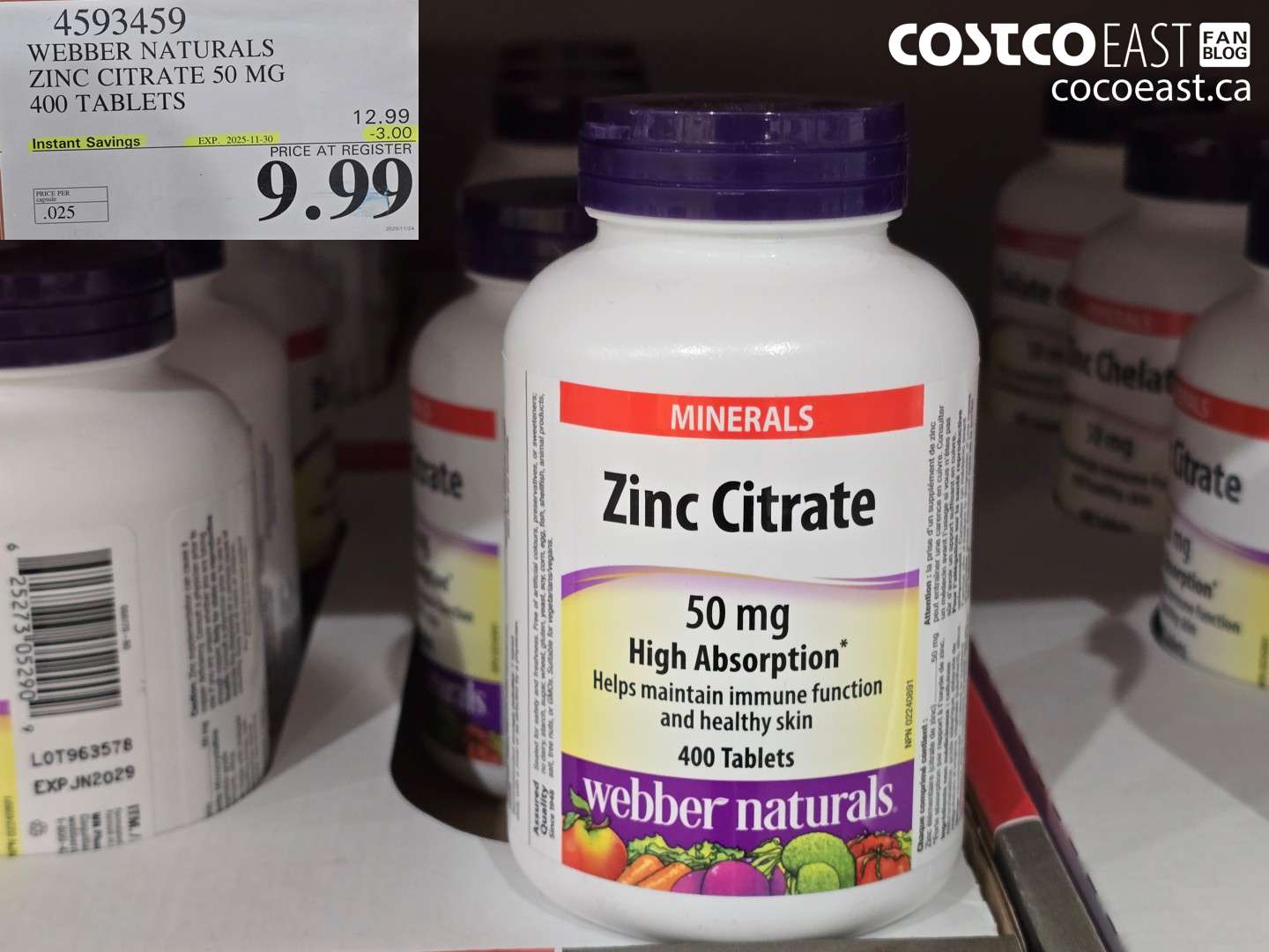 4593459 WEBBER NATURALS ZINC CHELATE 50MG 400 CAPSULES ($3.00 INSTANT SAVINGS EXPIRES ON 2025-11-30) $9.99