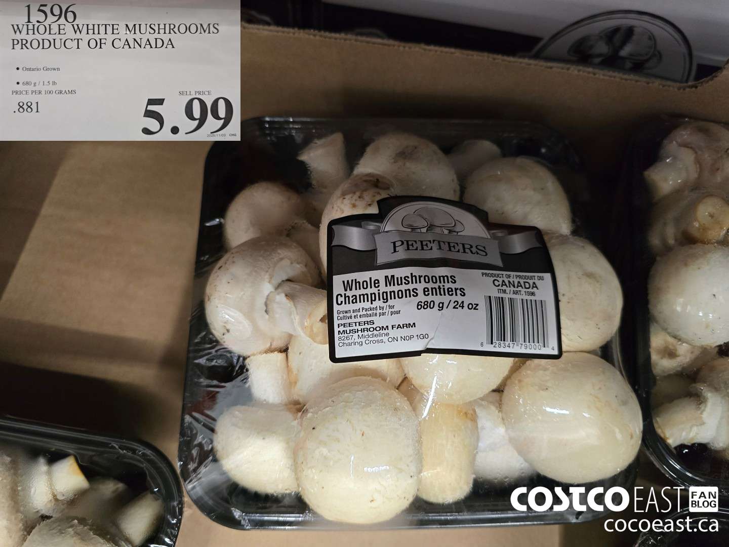 1596 WHOLE WHITE MUSHROOMS PRODUCT OF CANADA $5.99