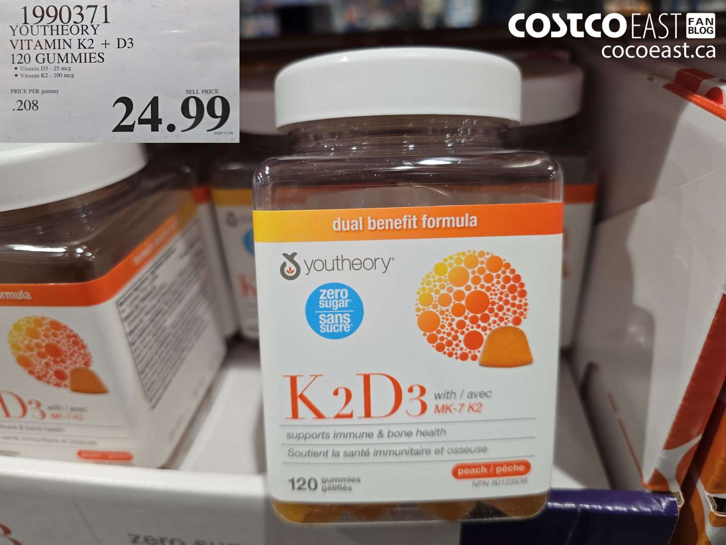 1990371 YOUTHEORY VITAMIN K2 + D3 120 GUMMIES $24.99