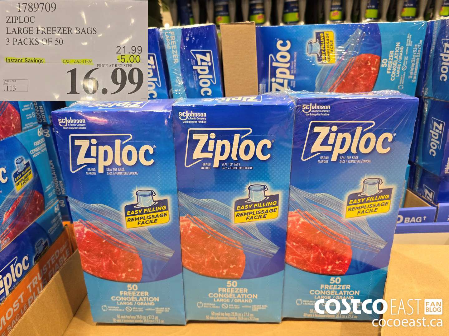 1789709 ZIPLOC LARGE FREEZER BAGS 3 PACKS OF 50 ($5.00 INSTANT SAVINGS EXPIRES ON 2025-11-09) $16.99