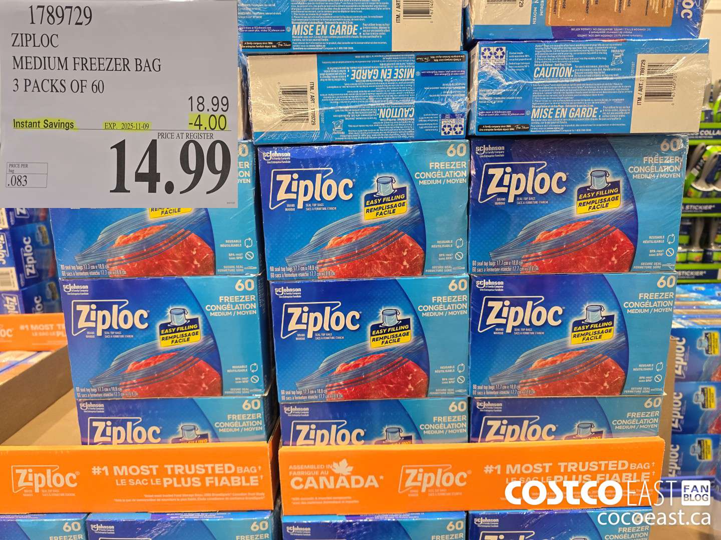 1789729 ZIPLOC MEDIUM FREEZER BAG 3 PACKS OF 60 ($4.00 INSTANT SAVINGS EXPIRES ON 2025-11-09) $14.99