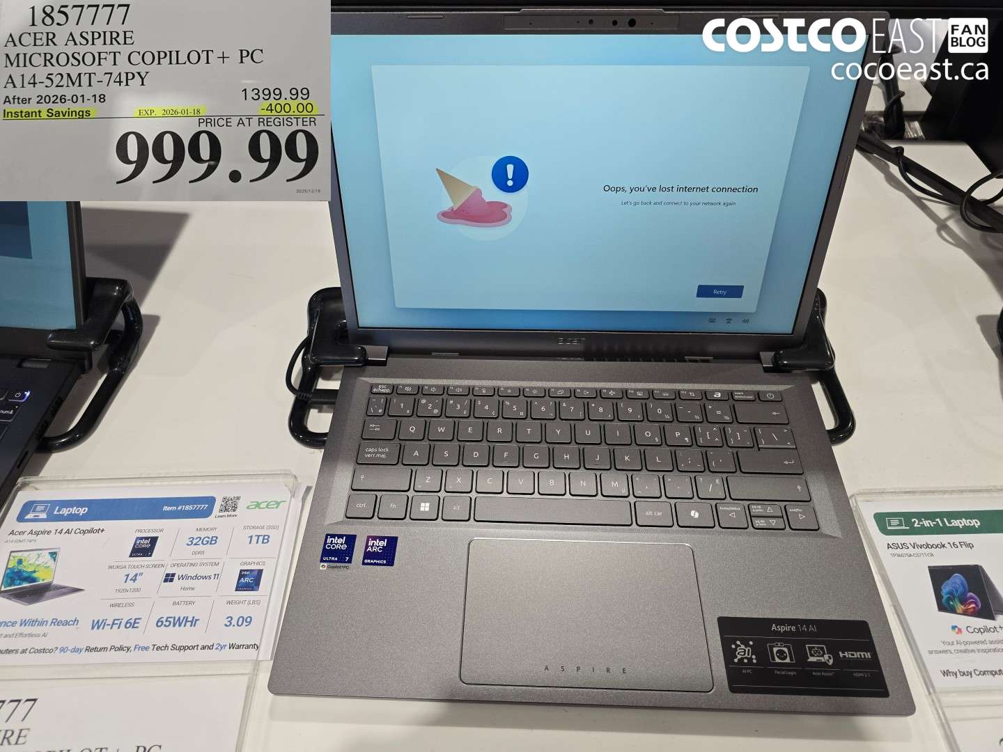 1857777 ACER ASPIRE MICROSOFT COPILOT + PC A14-52MT-74PY ($400.00 INSTANT SAVINGS EXPIRES ON 2026-01-18) $999.99