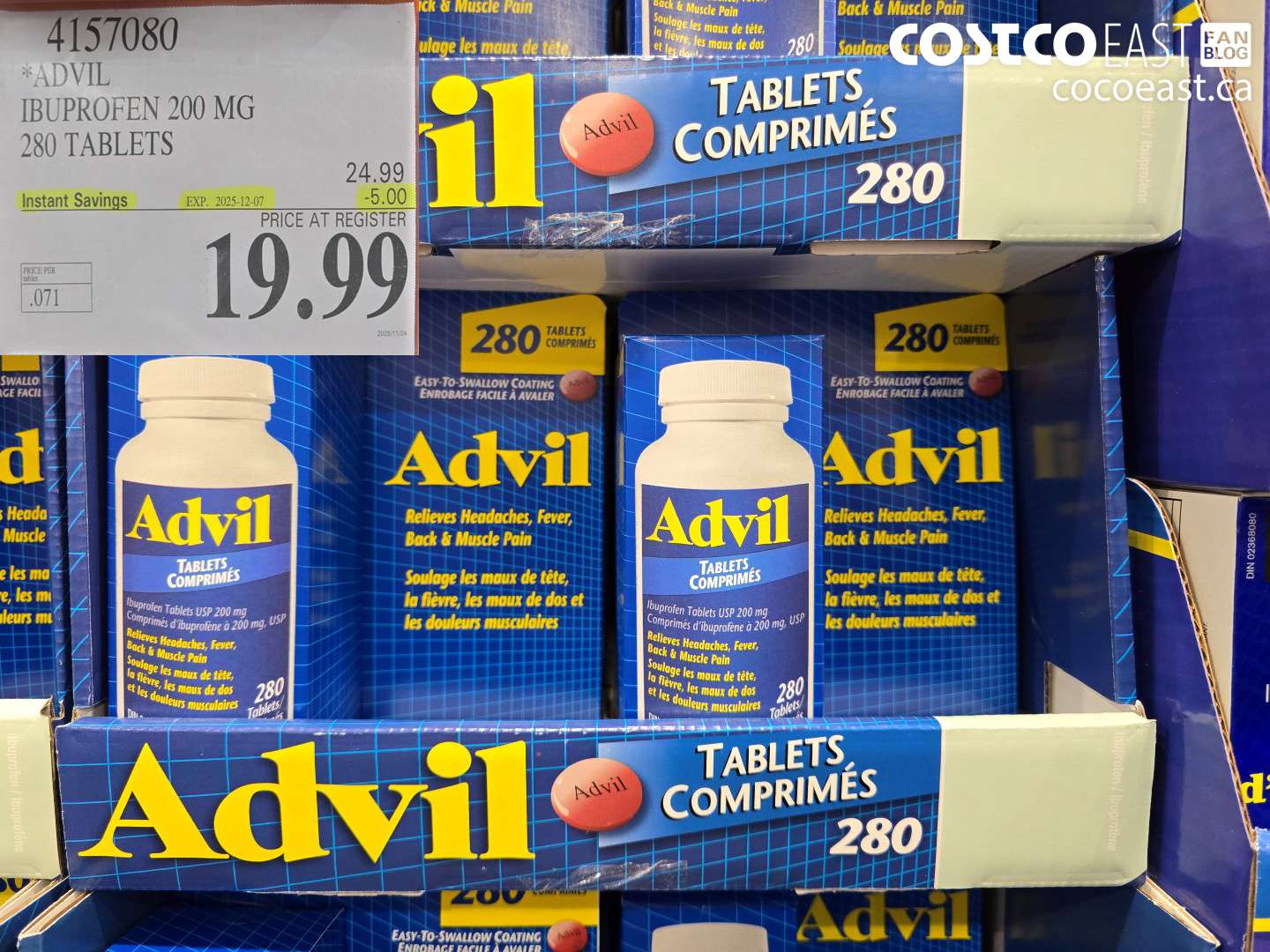 4157080 ADVIL IBUPROFEN 200MG 280 TABLETS ($5.00 INSTANT SAVINGS EXPIRES ON 2025-12-07) $19.99