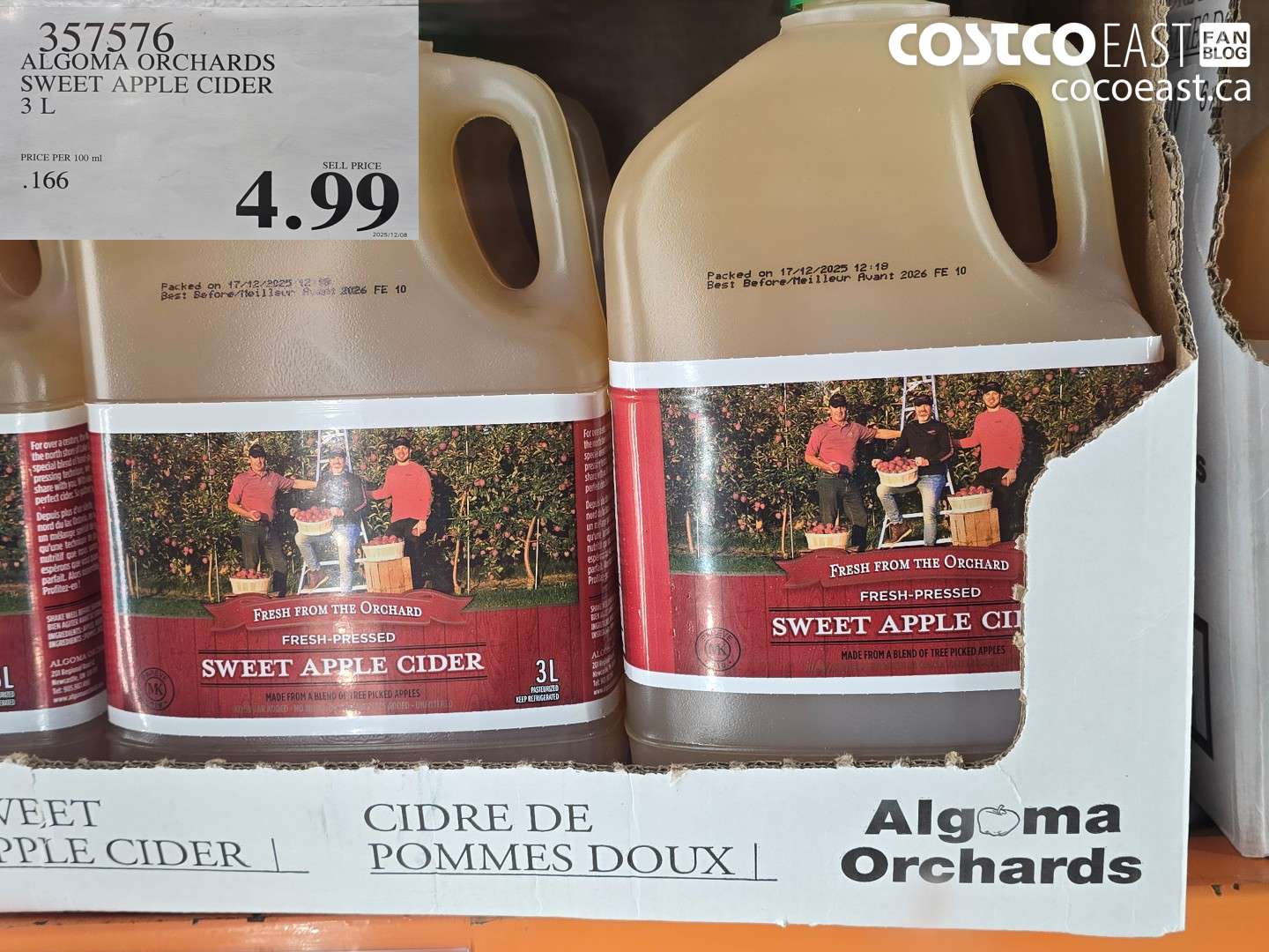 357576 ALGOMA ORCHARDS SWEET APPLE CIDER 3 L $4.99