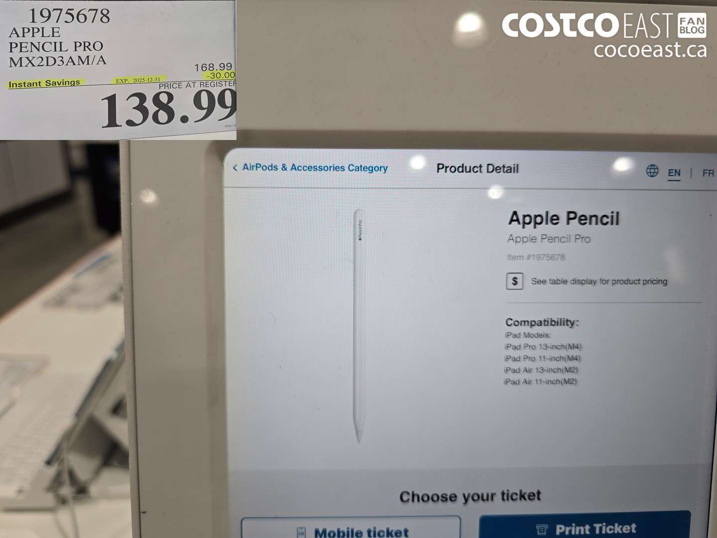 1975678 APPLE PENCIL PRO MX2D3AM/A ($30.00 INSTANT SAVINGS EXPIRES ON 2025-12-31) $138.99