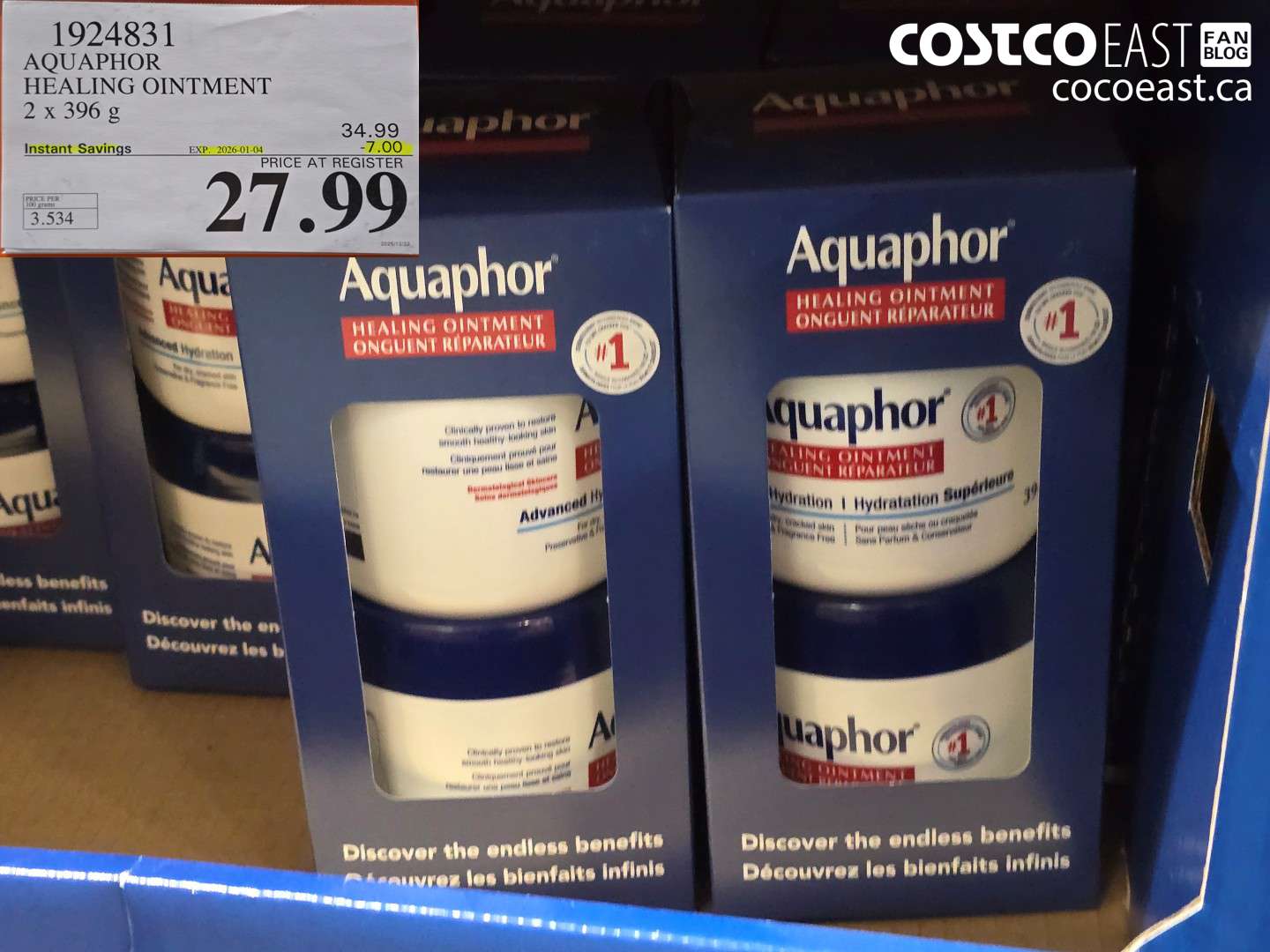 1924831 AQUAPHOR HEALING OINTMENT 2 X 396 G ($7.00 INSTANT SAVINGS EXPIRES ON 2026-01-04) $27.99