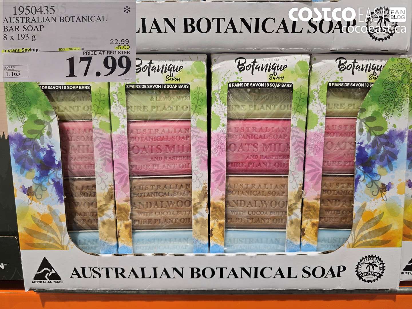 1950435 AUSTRALIAN BOTANICAL BAR SOAP 8 X 193 G ($5.00 INSTANT SAVINGS EXPIRES ON 2025-12-28) $17.99