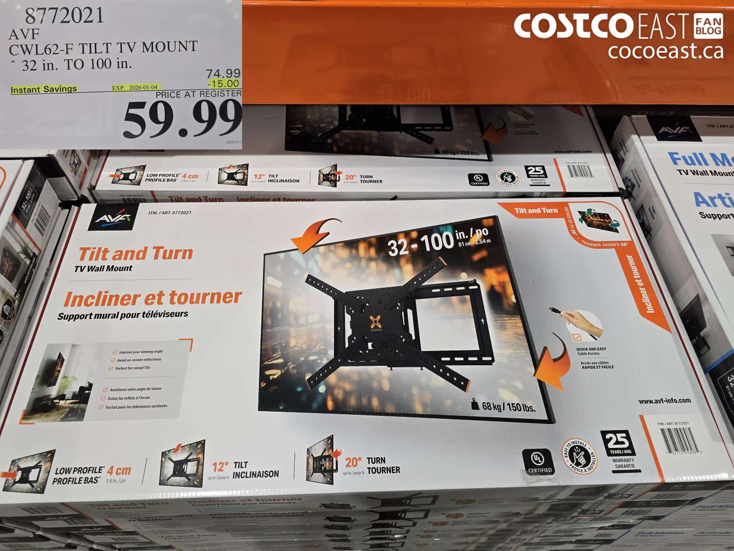 8772021 AVF CWL62-F TILT TV MOUNT 32 in. TO 100 in. ($15.00 INSTANT SAVINGS EXPIRES ON 2026-01-04) $59.99