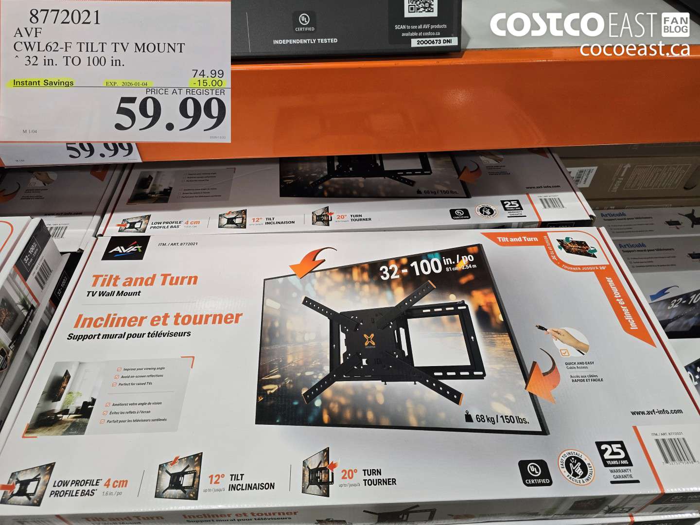 8772021 AVF CWL62-F TILT TV MOUNT 32 in. TO 100 in. ($15.00 INSTANT SAVINGS EXPIRES ON 2026-01-04) $59.99