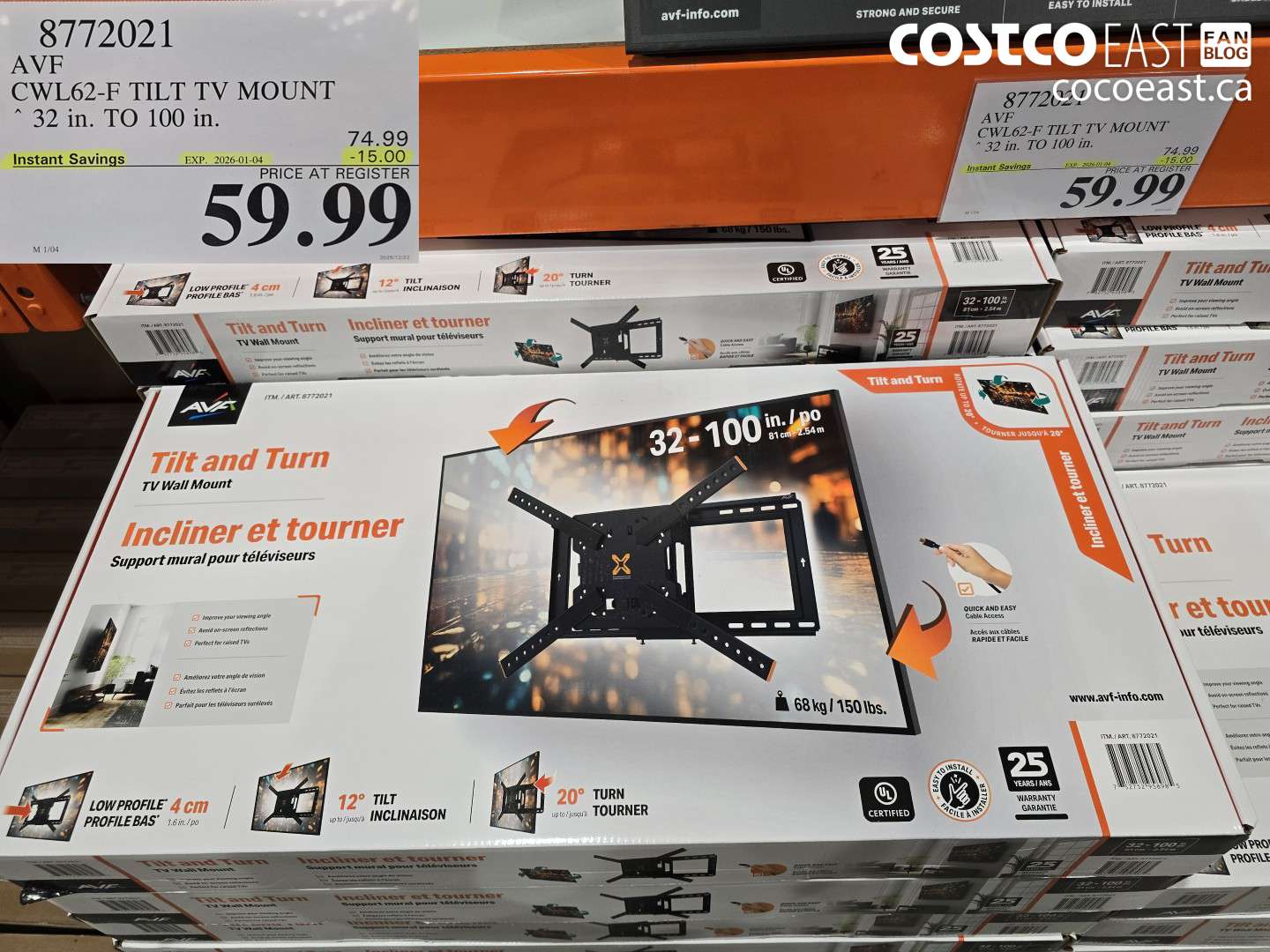 8772021 AVF CWL62-F TILT TV MOUNT 32 in. TO 100 in. ($15.00 INSTANT SAVINGS EXPIRES ON 2026-01-04) $59.99