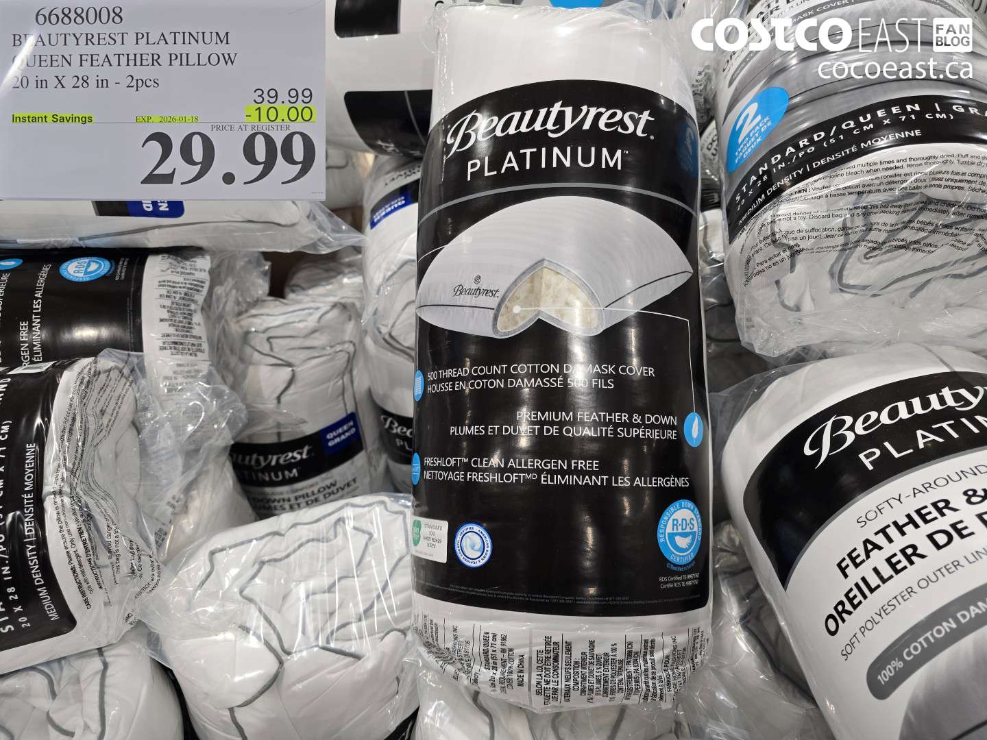 6688008 BEAUTYREST PLATINUM QUEEN FEATHER PILLOW 20 in X 28 in - 2pcs ($10.00 INSTANT SAVINGS EXPIRES ON 2026-01-18) $29.99