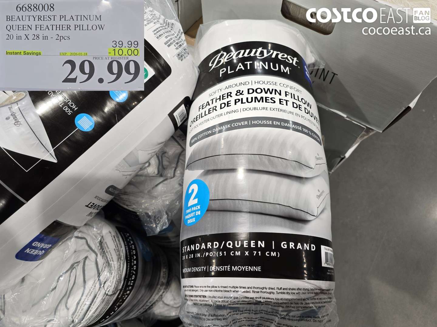 6688008 BEAUTYREST PLATINUM QUEEN FEATHER PILLOW 20 in X 28 in - 2pcs ($10.00 INSTANT SAVINGS EXPIRES ON 2026-01-18) $29.99