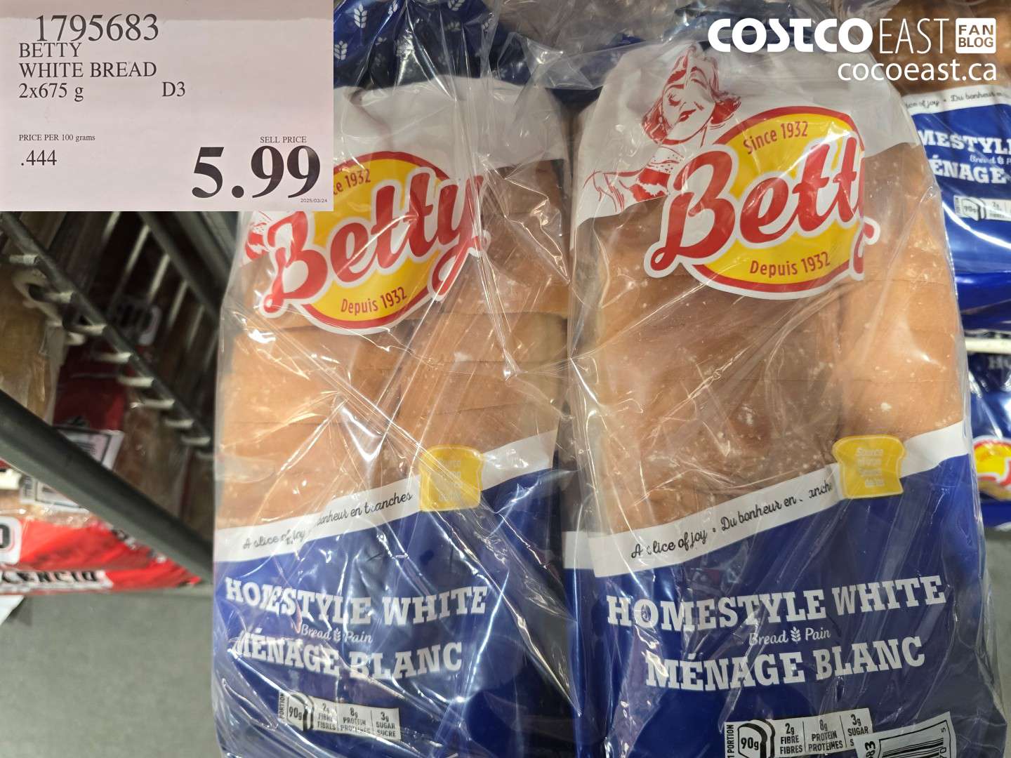 1795683 BETTY WHITE BREAD 2x675 g $5.99