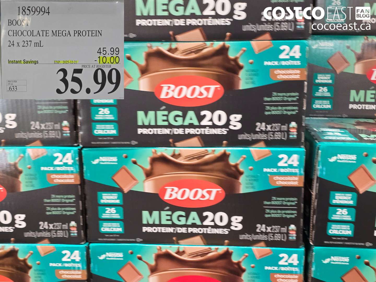 1859994 BOOST MEGA PROTEIN CHOCOLATE SHAKE 24 x 237mL ($10.00 INSTANT SAVINGS EXPIRES ON 2025-12-21) $35.99