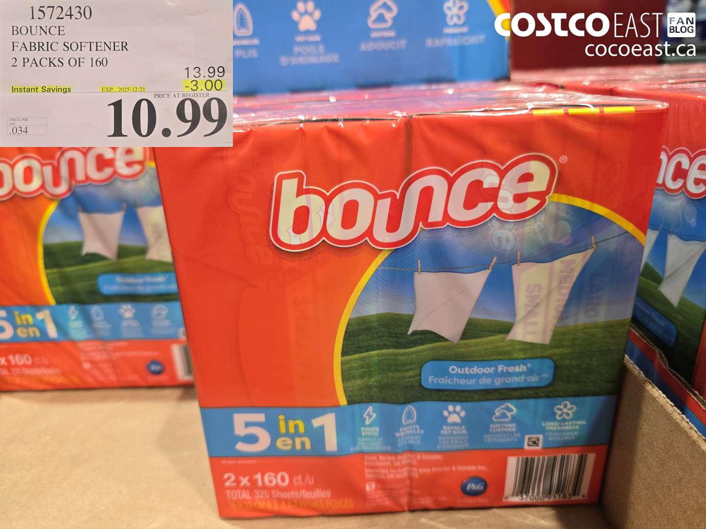 1372430 BOUNCE FABRIC SOFTENER 2 PACKS OF 160 ($3.00 INSTANT SAVINGS EXPIRES ON 2025-12-21) $10.99