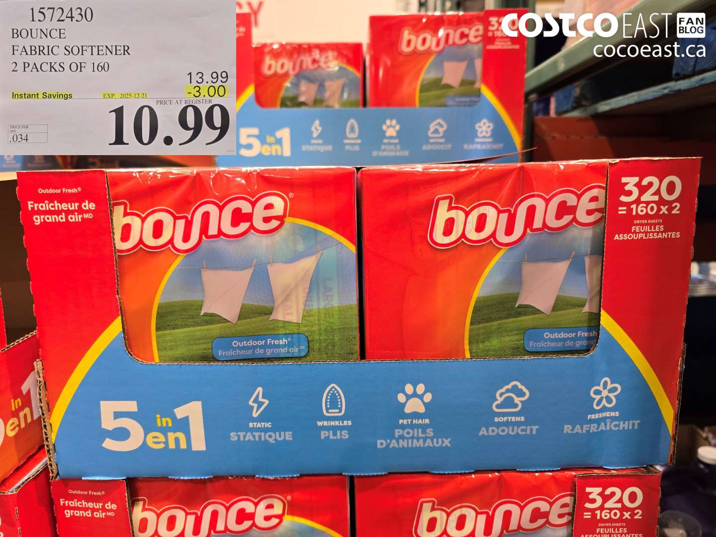 1372430 BOUNCE FABRIC SOFTENER 2 PACKS OF 160 ($3.00 INSTANT SAVINGS EXPIRES ON 2025-12-21) $10.99