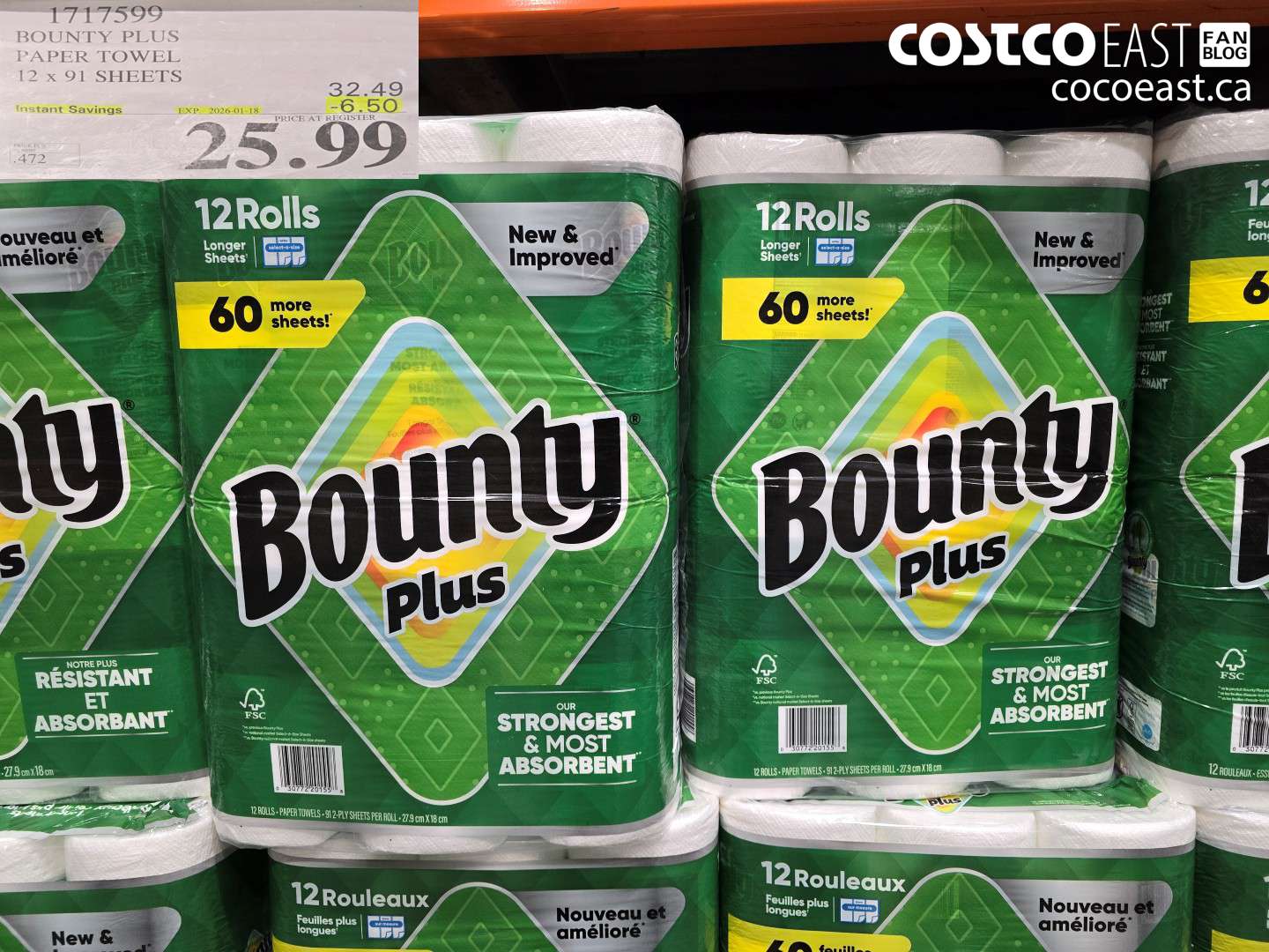 1717599 BOUNTY PLUS PAPER TOWEL 12 x 91 SHEETS ($6.50 INSTANT SAVINGS EXPIRES ON 2026-01-18) $25.99