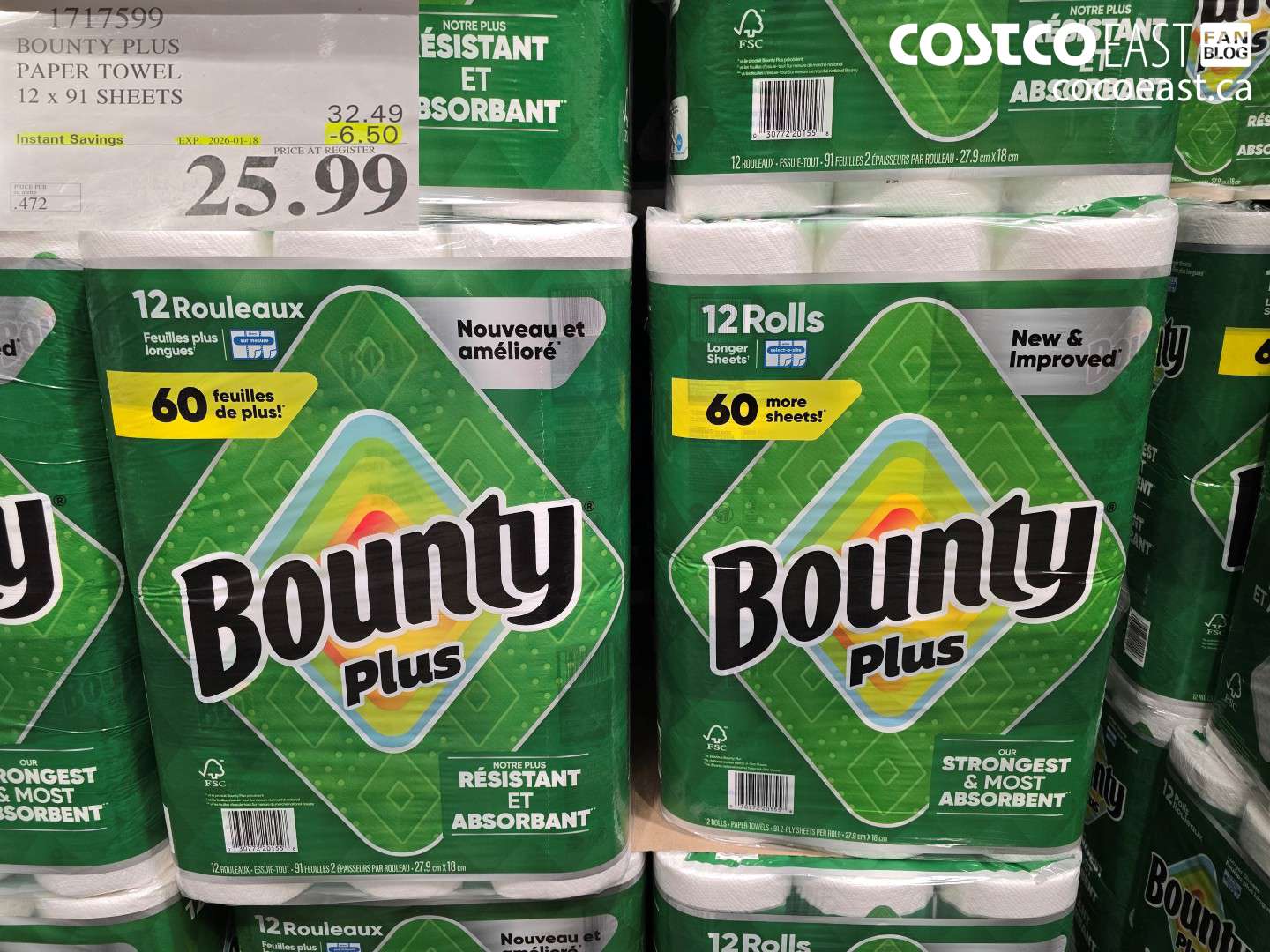 1717599 BOUNTY PLUS PAPER TOWEL 12 x 91 SHEETS ($6.50 INSTANT SAVINGS EXPIRES ON 2026-01-18) $25.99