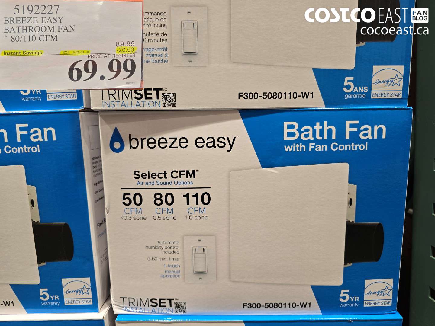 5192227 BREEZE EASY BATHROOM FAN 80/110 CFM ($20.00 INSTANT SAVINGS EXPIRES ON 2026-01-18) $69.99