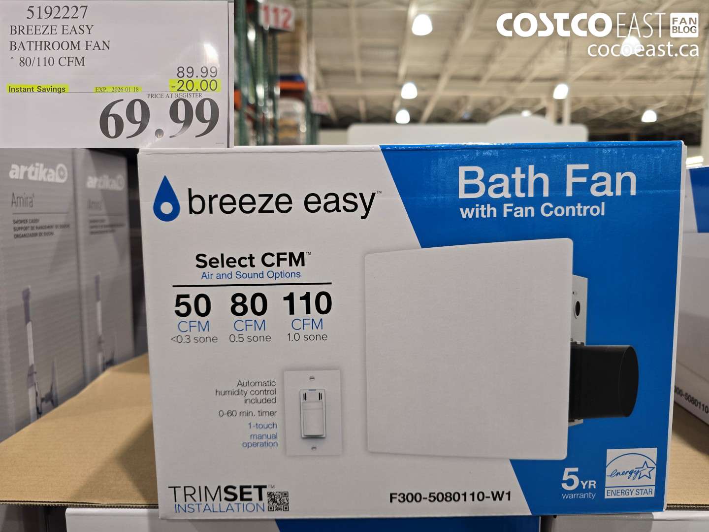 5192227 BREEZE EASY BATHROOM FAN 80/110 CFM ($20.00 INSTANT SAVINGS EXPIRES ON 2026-01-18) $69.99