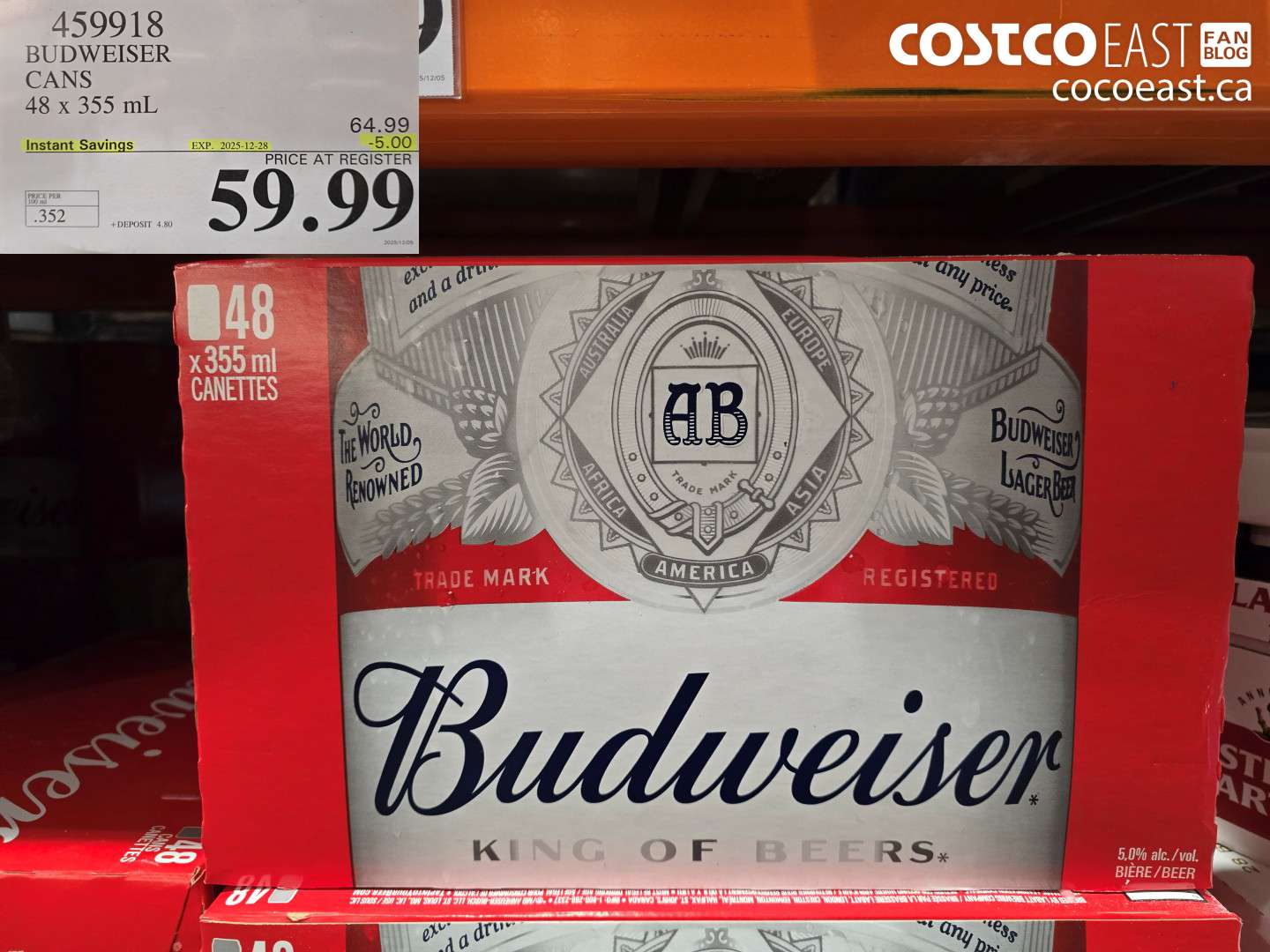 459918 BUDWEISER CANS 48 X 355 ML ($5.00 INSTANT SAVINGS EXPIRES ON 2025-12-28) $59.99