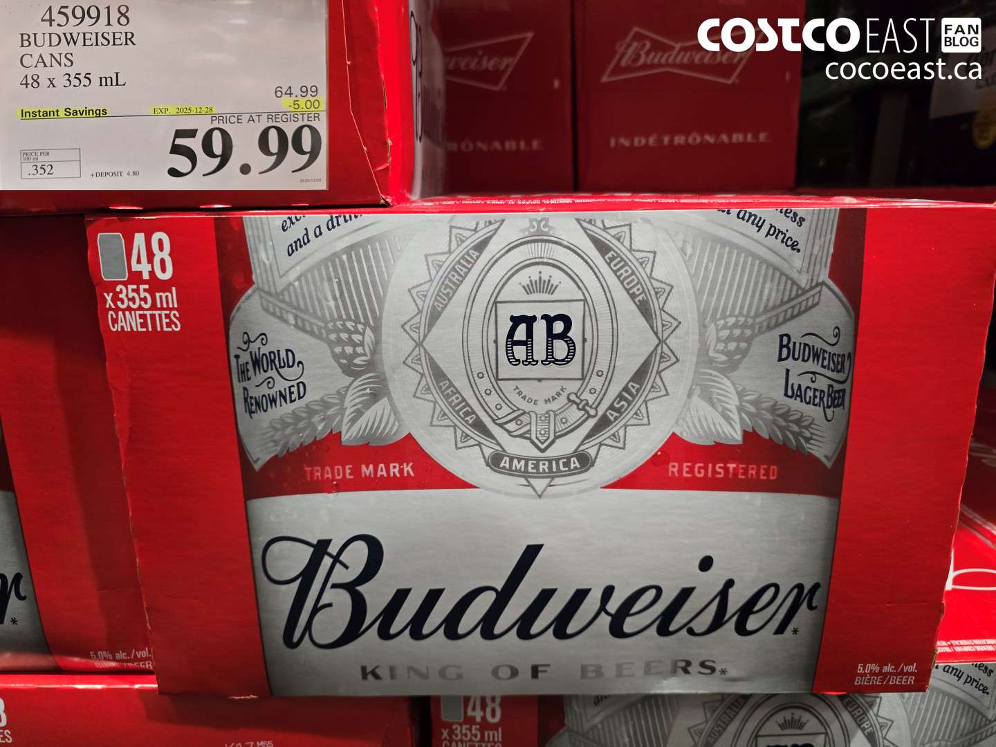 459918 BUDWEISER CANS 48 X 355 ML ($5.00 INSTANT SAVINGS EXPIRES ON 2025-12-28) $59.99