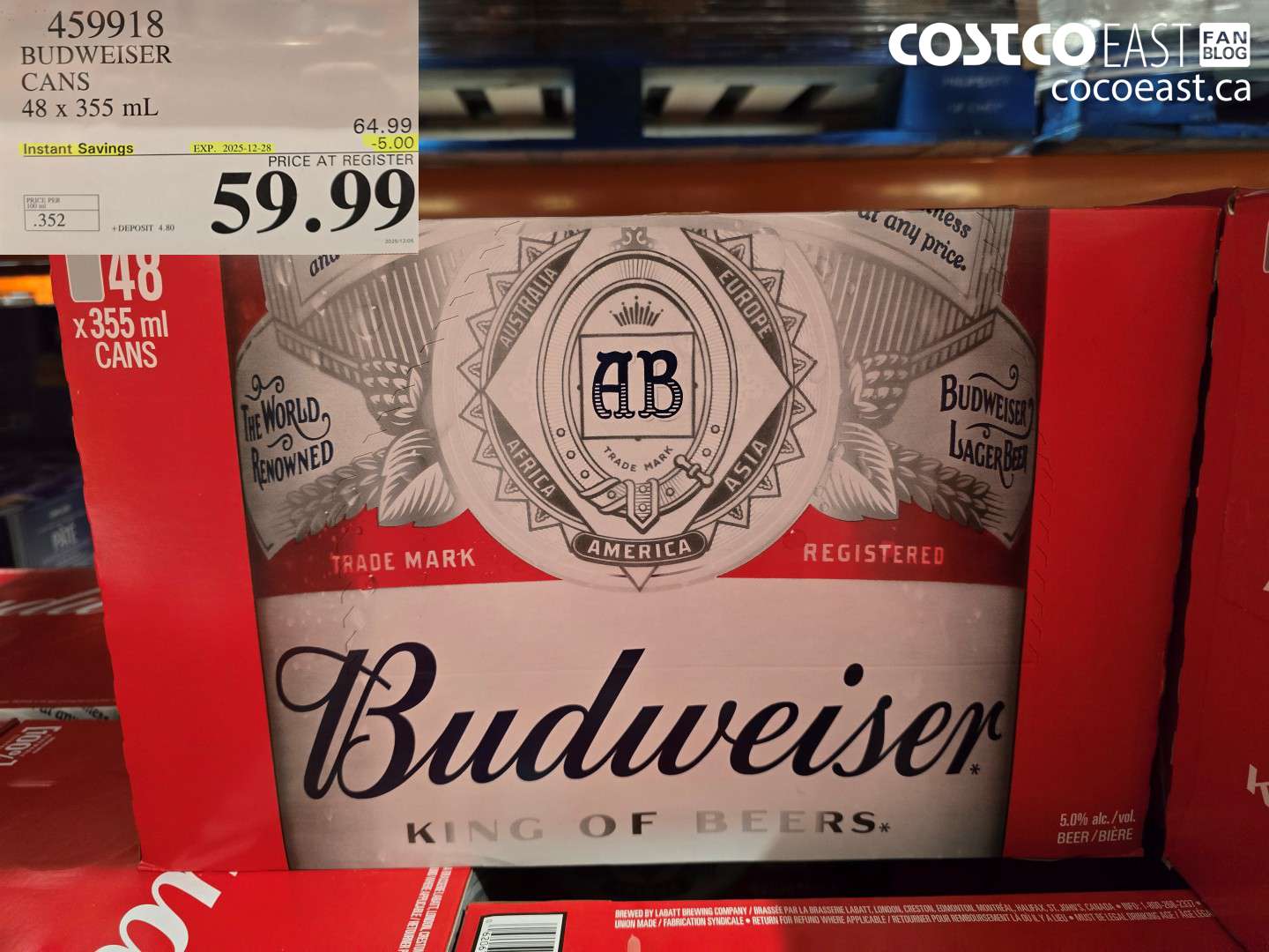 459918 BUDWEISER CANS 48 X 355 ML ($5.00 INSTANT SAVINGS EXPIRES ON 2025-12-28) $59.99