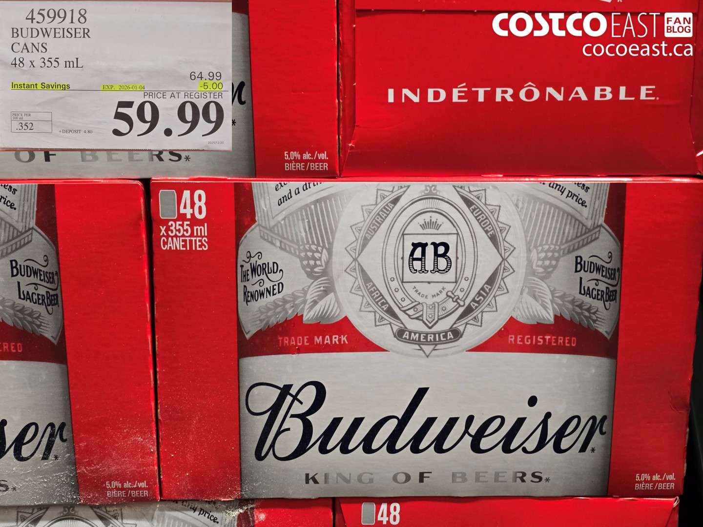 459918 BUDWEISER CANS 48 X 355 ML ($5.00 INSTANT SAVINGS EXPIRES ON 2026-01-04) $59.99