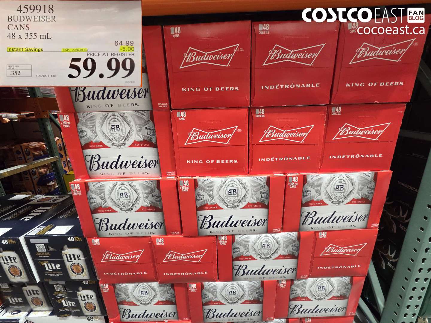 459918 BUDWEISER CANS 48 X 355 ML ($5.00 INSTANT SAVINGS EXPIRES ON 2026-01-04) $59.99
