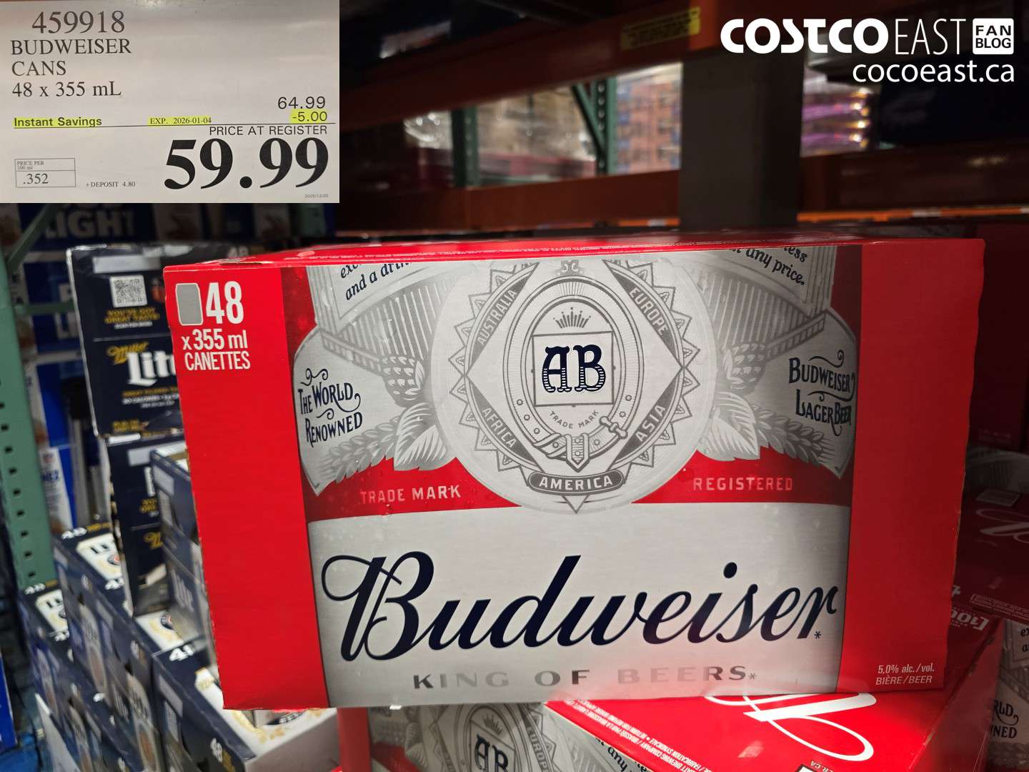 459918 BUDWEISER CANS 48 X 355 ML ($5.00 INSTANT SAVINGS EXPIRES ON 2026-01-04) $59.99