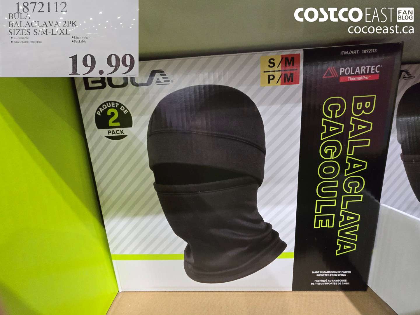 1872112 BULA BALACLAVA 2PK SIZES S/M-L/XL $19.99