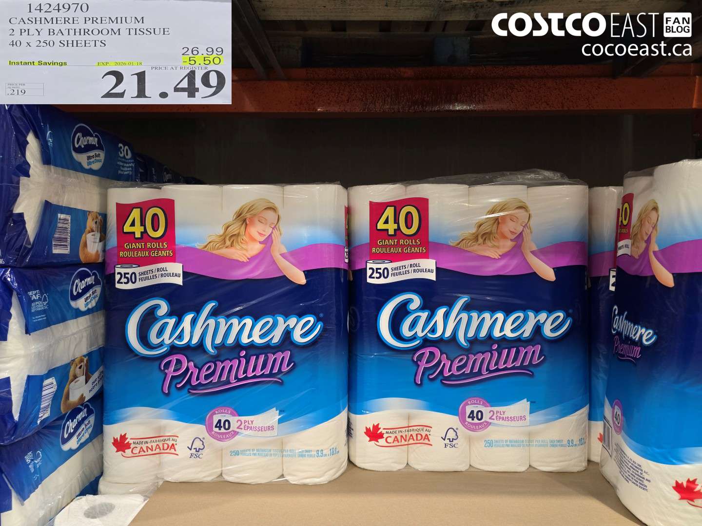 1424970 CASHMERE PREMIUM 2 PLY BATHROOM TISSUE 40 x 250 sheets ($5.50 INSTANT SAVINGS EXPIRES ON 2026-01-18) $21.49