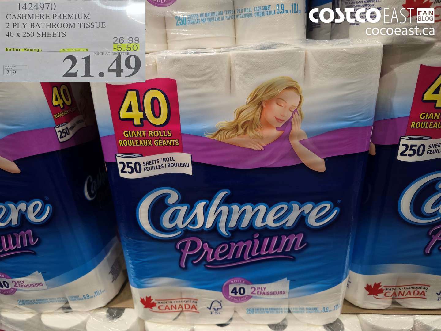 1424970 CASHMERE PREMIUM 2 PLY BATHROOM TISSUE 40 x 250 sheets ($5.50 INSTANT SAVINGS EXPIRES ON 2026-01-18) $21.49