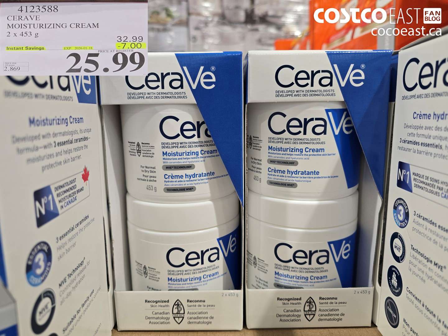 4123588 CERAVE MOISTURIZING CREAM 2 x 453g ($7.00 INSTANT SAVINGS EXPIRES ON 2026-01-18) $25.99