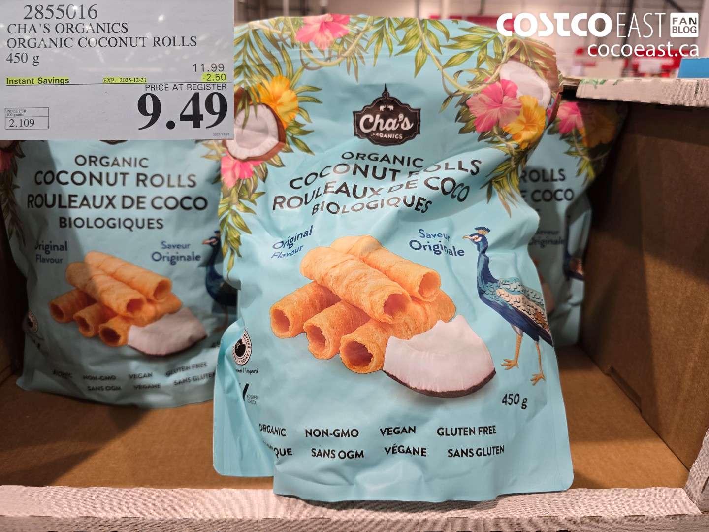 2855016 CHA'S ORGANICS ORGANIC COCONUT ROLLS 450 g ($2.50 INSTANT SAVINGS EXPIRES ON 2025-12-31) $9.49