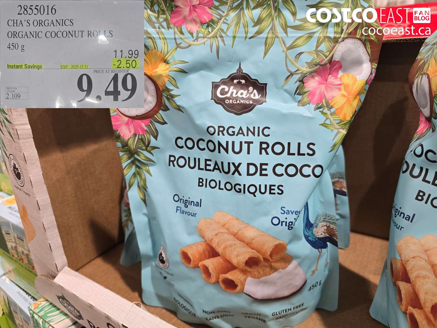 2855016 CHA'S ORGANICS ORGANIC COCONUT ROLLS 450 g ($2.50 INSTANT SAVINGS EXPIRES ON 2025-12-31) $9.49