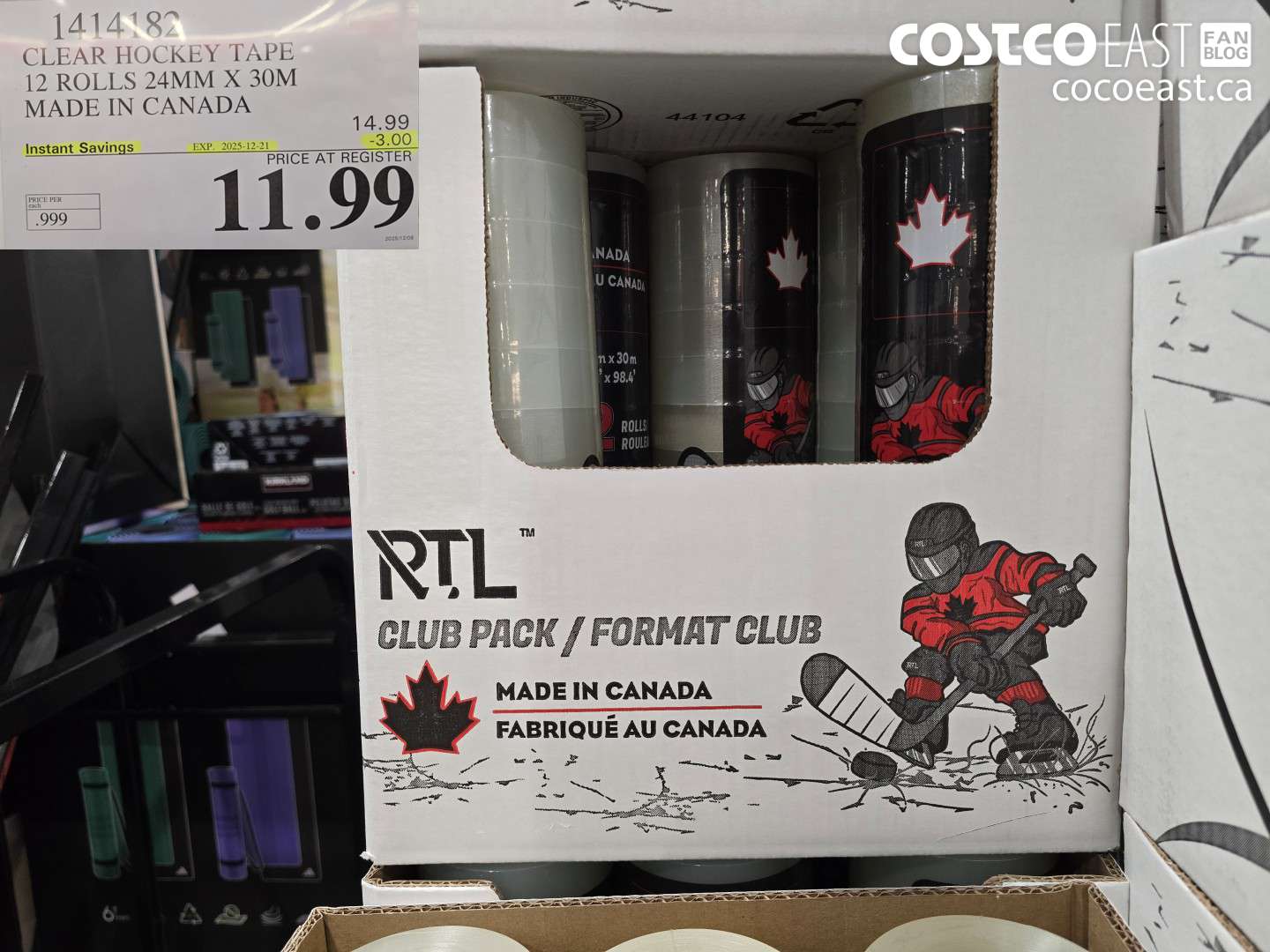 1414182 CLEAR HOCKEY TAPE 12 ROLLS 24mm X 30m MADE IN CANADA ($3.00 INSTANT SAVINGS EXPIRES ON 2025-12-21) $11.99