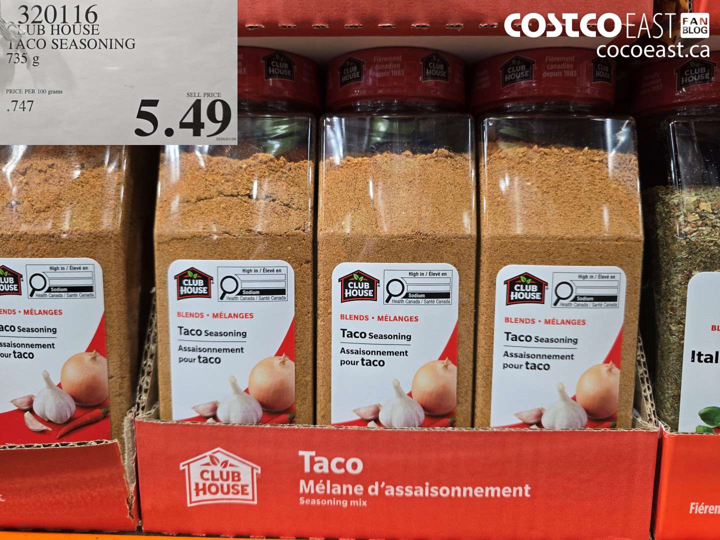 320116 CLUB HOUSE TACO SEASONING 735 G $5.49