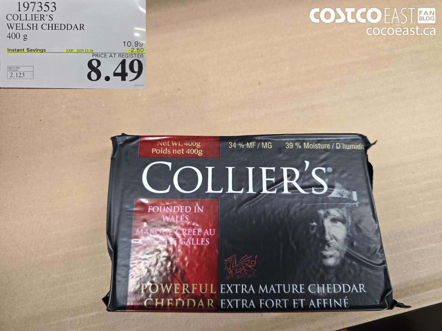 197353 COLLIER'S WELSH CHEDDAR 400 g 2025-112-28 ($2.50 INSTANT SAVINGS) $8.49