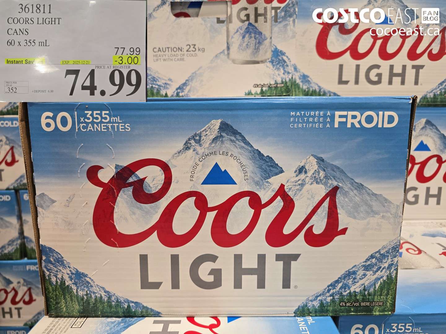 361811 COORS LIGHT CANS 60 x 355 ml ($3.00 INSTANT SAVINGS EXPIRES ON 2025-12-21) $74.99