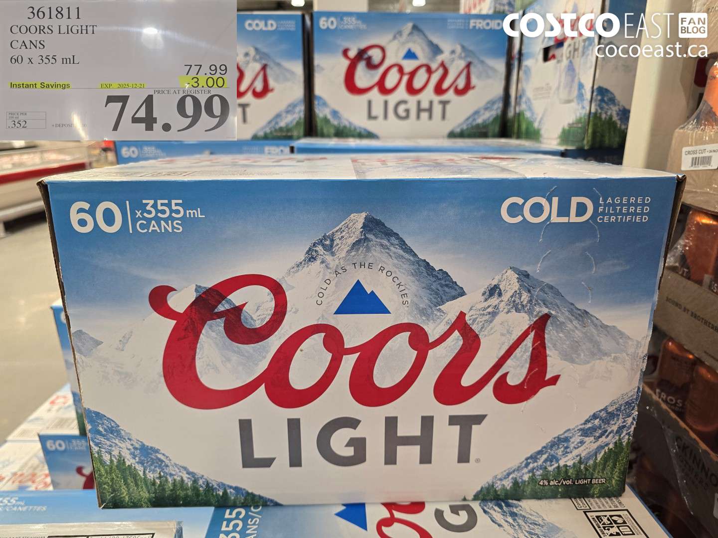 361811 COORS LIGHT CANS 60 x 355 ml ($3.00 INSTANT SAVINGS EXPIRES ON 2025-12-21) $74.99