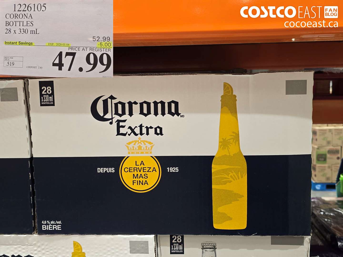 1226105 CORONA BOTTLES 28 x 330 mL ($5.00 INSTANT SAVINGS EXPIRES ON 2026-01-04) $47.99