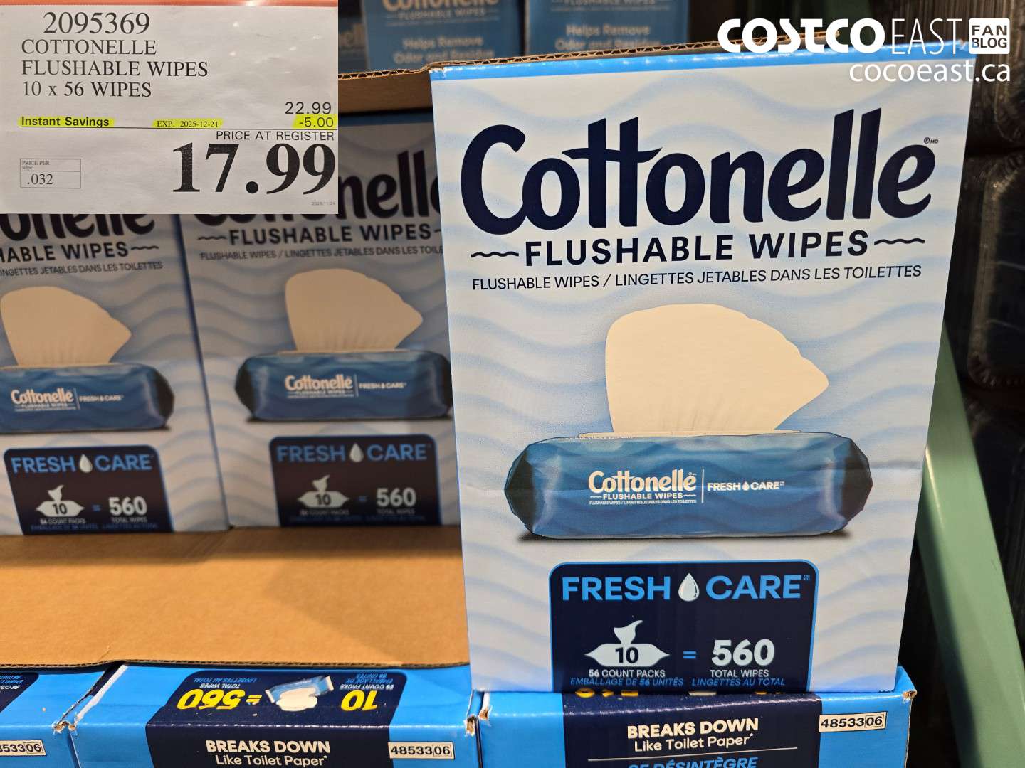 2095369 COTTONELLE FLUSHABLE WIPES 10 x 56 WIPES ($5.00 INSTANT SAVINGS EXPIRES ON 2025-12-21) $17.99