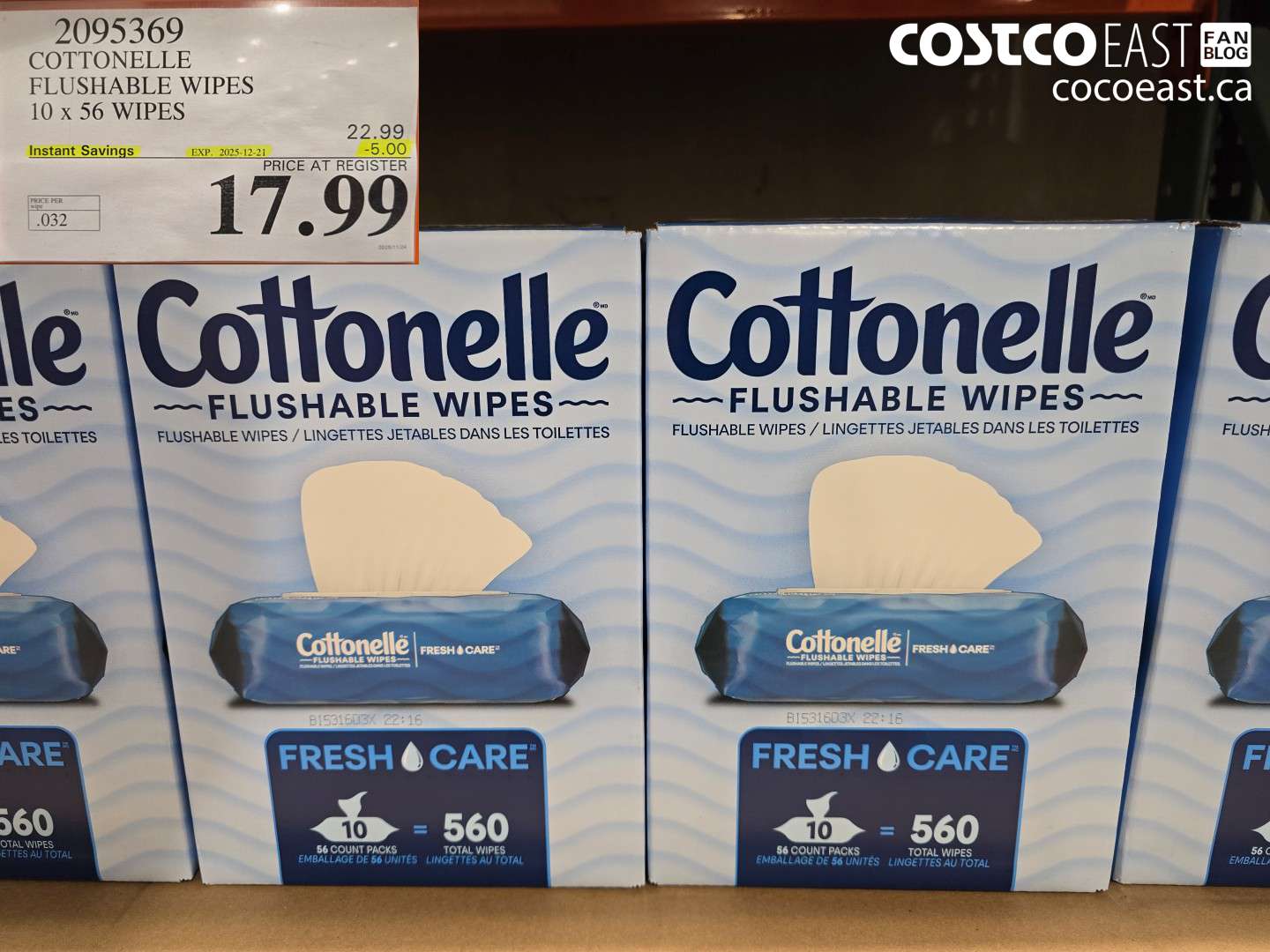2095369 COTTONELLE FLUSHABLE WIPES 10 x 56 WIPES ($5.00 INSTANT SAVINGS EXPIRES ON 2025-12-21) $17.99