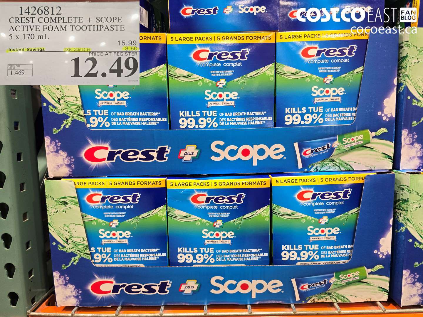1426812 CREST COMPLETE + SCOPE ACTIVE FOAM TOOTHPASTE 5 X 170 ML ($3.50 INSTANT SAVINGS EXPIRES ON 2025-12-14) $12.49